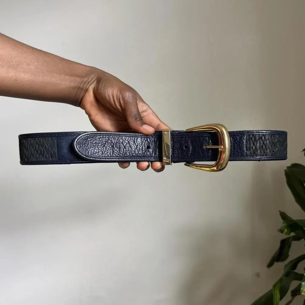 Vintage Navy blue leather belt with gold buckle size L